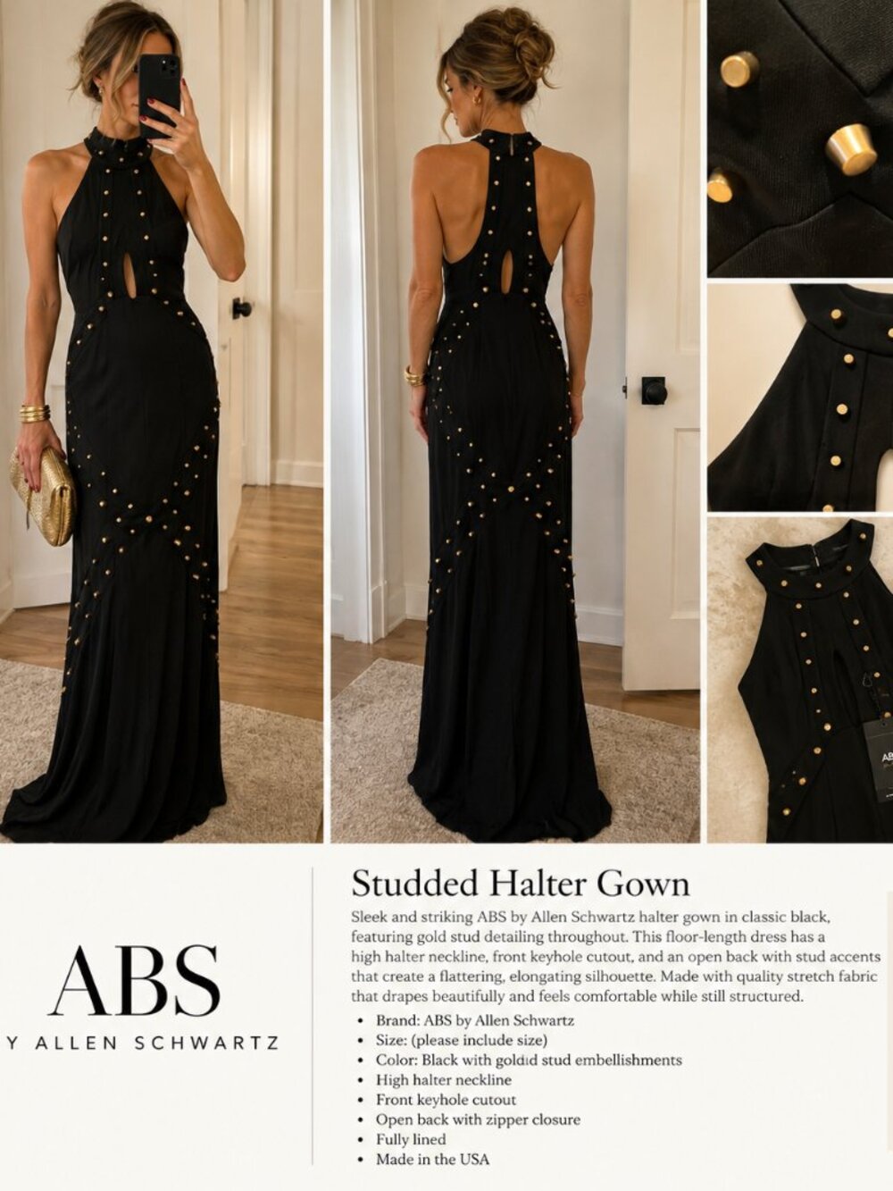 ABS by Allen Schwartz Black Gold Studded Halter Maxi Gown